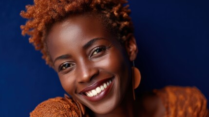 Naklejka premium Capture a moment of joyful complexity-a beaming smile paired with eyes that hint at hidden stories. 