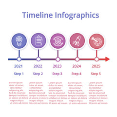 A modern flat vector infographic template showing a project or business timeline with arrows, icons, and steps. Ideal for reports, presentations, marketing plans, or education content. Fully editable 