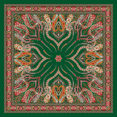 Green Ornamental Mandala Bandana – Rich Traditional Floral Scarf Design, Ethnic Square Textile for Hijab, Shawl or Dupatta