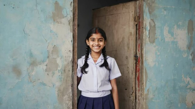 Portrait of a cheerful indian student girl wearing school uniform, standing at the doorway of a school building with peeling paint, representing access to education and hope for a brighter future