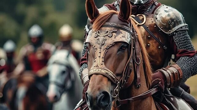 A group of men in armor riding on the back of a brown horse