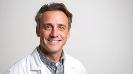 portrait of a doctorCapture a portrait in which a doctor appears approachable and engaged-eyes attentive and smile  a moment of patient consultation. Use soft, natural studio light on a clean white