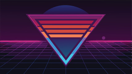 Retro synthwave triangle landscape with grid and sunset illustration in neon colors