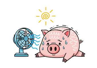 Sweaty Piglet Cooling Off with a Fan on a Hot Sunny Day Summer Heatwave Cartoon Illustration