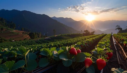sunset in the straberry farm on mountains