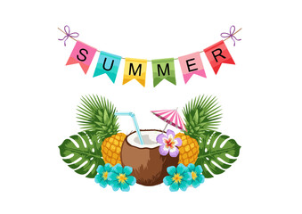 Vibrant Summer Coconut Cocktail Illustration Tropical Paradise Design with Pineapple, Flowers, and Festive Bunting