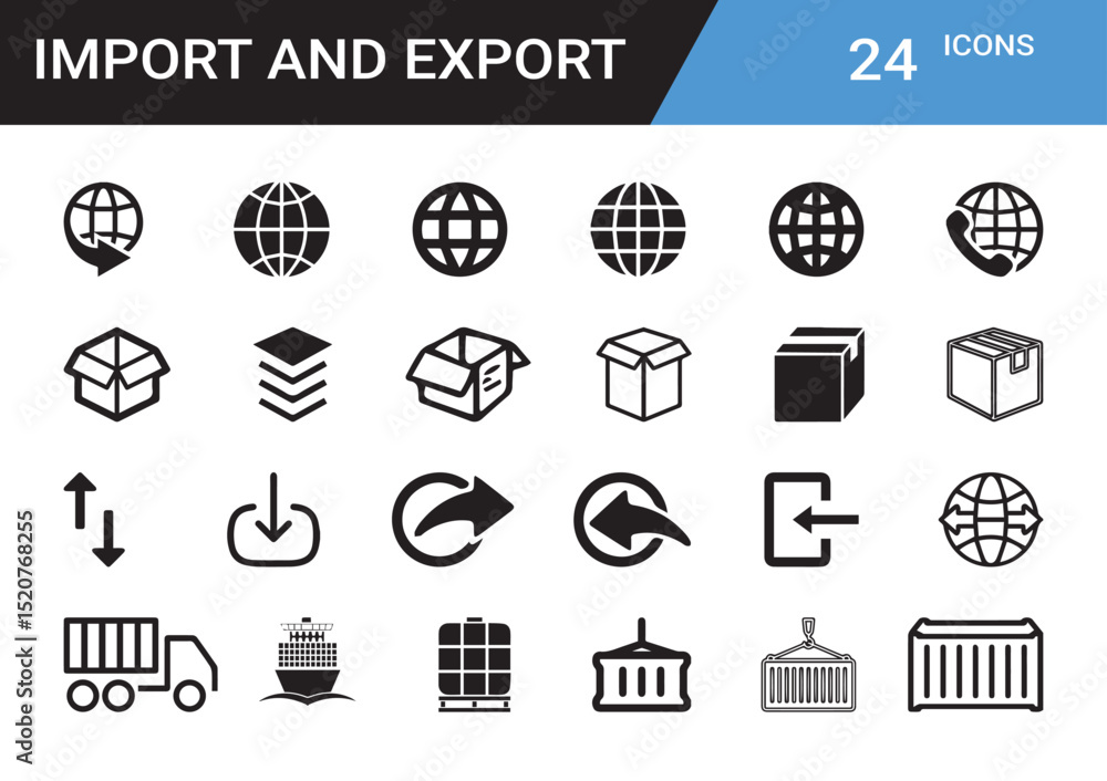 Aufkleber import and export icon set: a comprehensive set of icons representing import and export concepts, in
