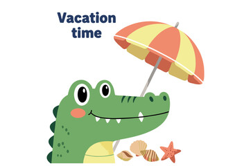 Obraz premium Adorable Crocodile Enjoying Summer Vacation Beach Umbrella, Shells, and Starfish Fun