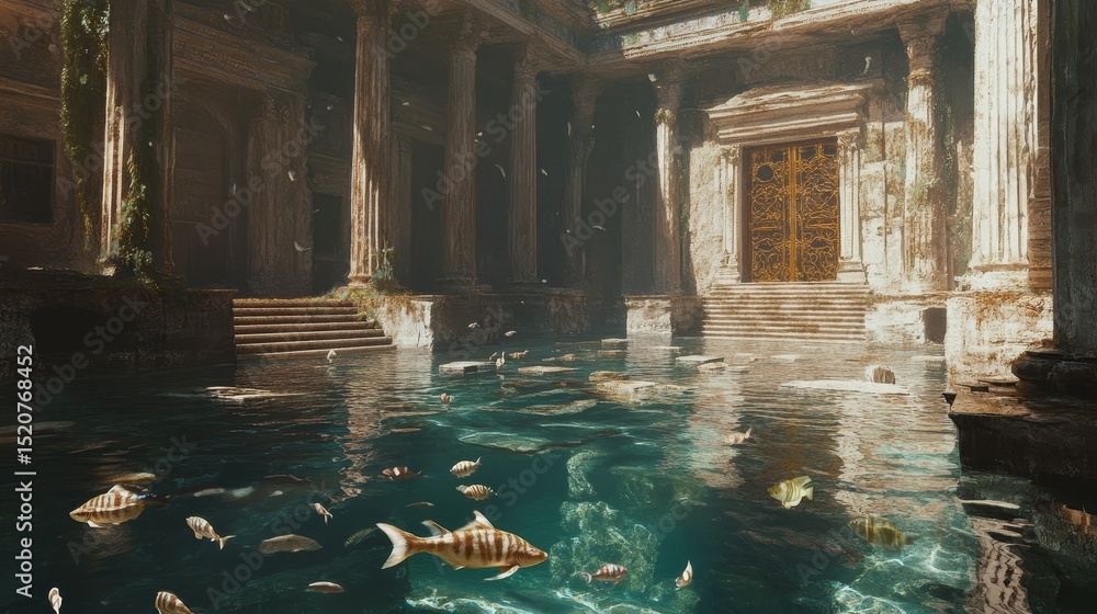 Poster ancient stone building with columns and pool containing fish.