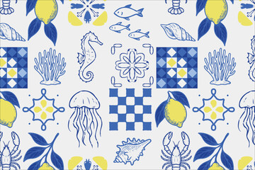 Colorful Mediterranean style pattern with lemons, sea creatures, corals, shells, and tile motifs in blue, yellow, and white. Perfect for summer or coastal themed designs. Vector illustration