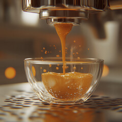A realistic close-up photo of espresso being extracted from a machine, rich crema forming as dark liquid flows smoothly