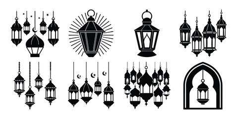 set of ramadan lentern vector silhouette on white background