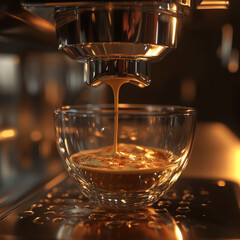 A realistic close-up photo of espresso being extracted from a machine, rich crema forming as dark liquid flows smoothly