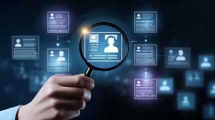 Magnifying glass focusing on digital resume among multiple candidates, symbolizing recruitment, CV screening, hiring process, job application review, and human resource selection in modern HR systems