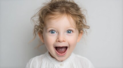 Capture a radiant portrait of a child with wide, sparkling eyes and a spontaneous smile that exudes excitement and curiosity.