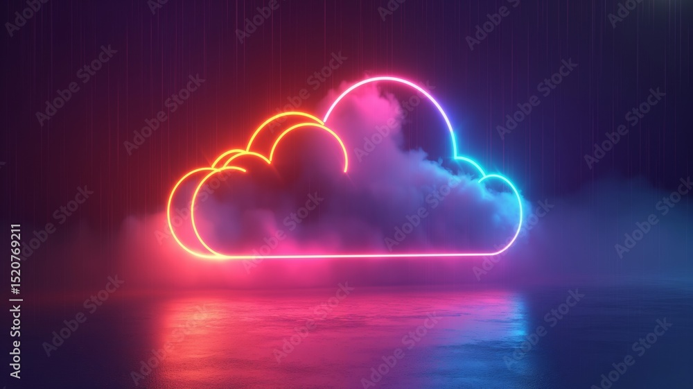 Poster neon cloud design showcasing artificial intelligence and data storage themes in a futuristic setting