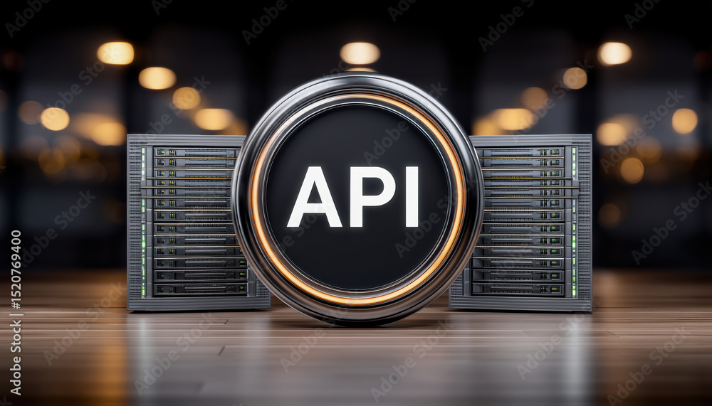 Poster api integration with ai and cloud technology concept with server racks and glowing button in modern 
