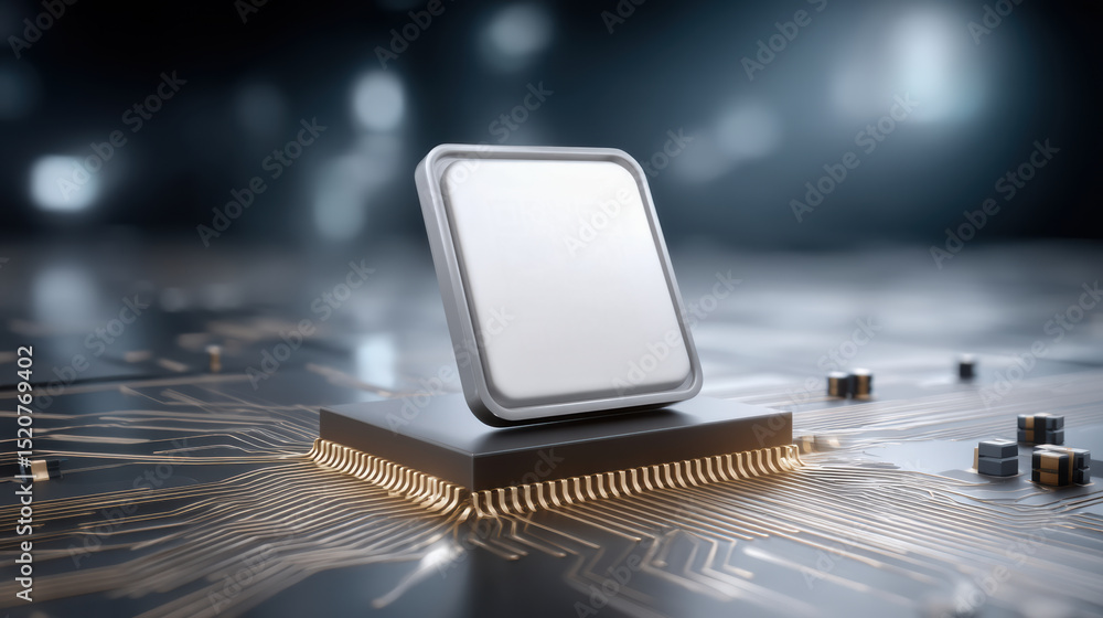 Poster futuristic ai chip with api and cloud integration glowing on circuit board + technology concept