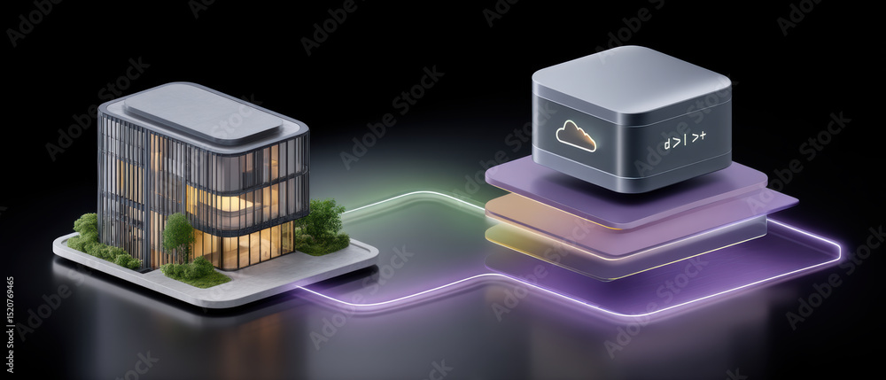 Poster smart building with ai cloud integration connected via api technology for seamless data + communicat