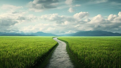 Scenic Countryside Road Through Green Fields and Mountains