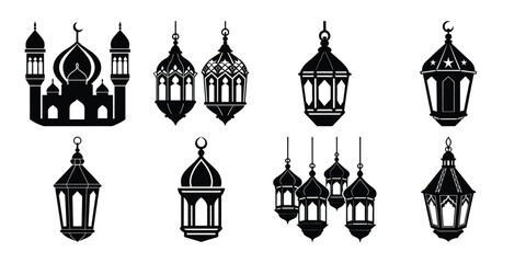 ramadan lentern silhouette set on white background