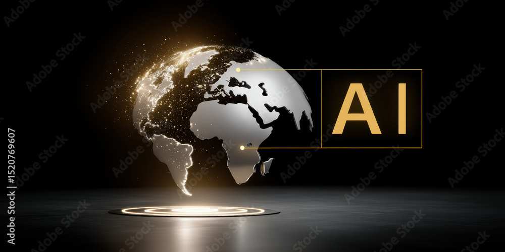 Poster ai technology integration with cloud and api connection visualized on glowing earth globe in dark ba