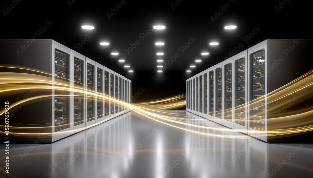 Poster ai cloud integration api data center with glowing light trails in modern server room technology netw
