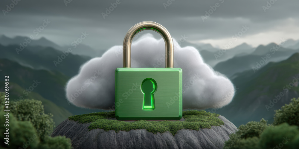 Poster cloud lock security concept with green padlock on mountain top and misty sky background showing ai a