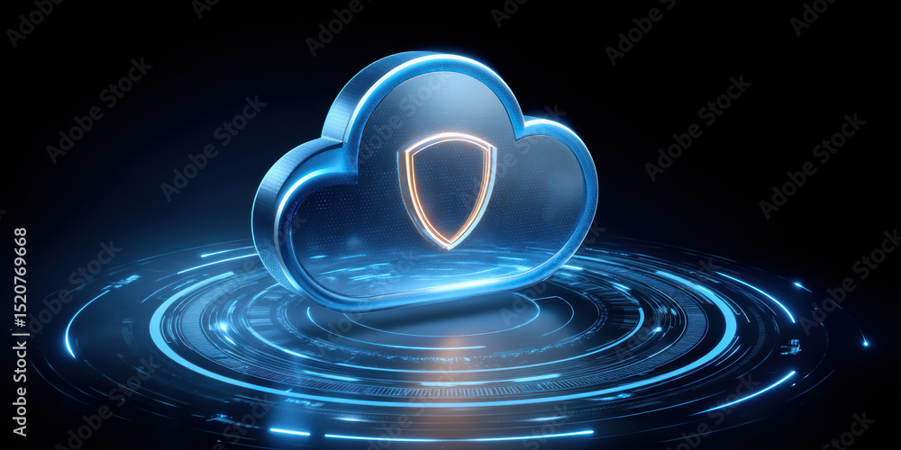 Poster glowing blue cloud with shield symbol represents ai and api integration for secure cloud technology 