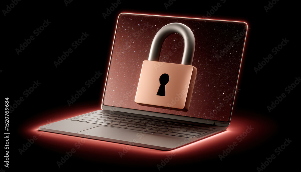 Poster data security ai api cloud integration concept with laptop and lock symbol on screen glowing red lig