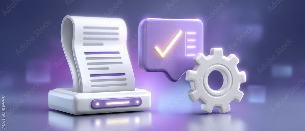 Poster ai technology integration + cloud api concept with digital document, checklist, and gear icon symbol