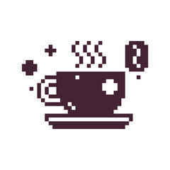Coffee cup with steam, hot beverage, mug pixel art icon.  1-bit. Sticker design. Isolated vector illustration.