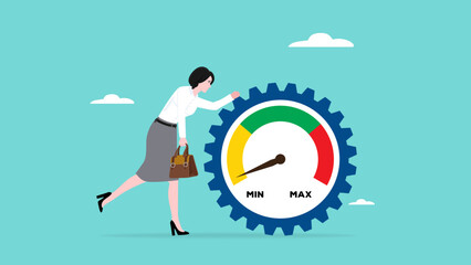 poor work performance concept illustration, laziness at work which prevents a business from developing or growing, sad businesswoman leaning on cogwheel gear with low productivity level meter
