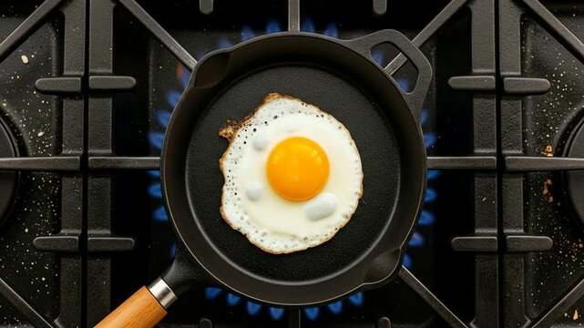 Top-down view of a perfectly cooked sunny-side-up egg with a bright yellow yolk and crisp white edges in a black cast iron skillet, centered over a gas stove burner with blue flames
