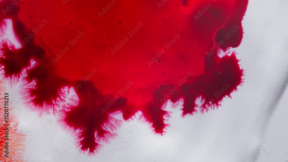 Poster bright red alcoholic ink spreads organically in macro, forming fractal-like patterns