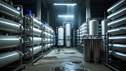 Fototapeta premium Water purification filtration equipment in a plant workshop 