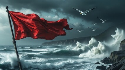 A red flag at the beach signals that the sea conditions are hazardous due to large, powerful waves
