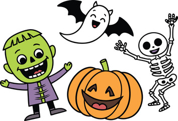 Happy halloween cartoon characters pumpkin skeleton ghost frankenstein