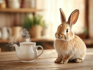 A rabbit sniffing a delicate teapot, soft steam rising, charming tea-time farm setting