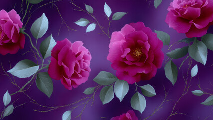 Floral print with biba inspiration featuring roses on a deep purple background