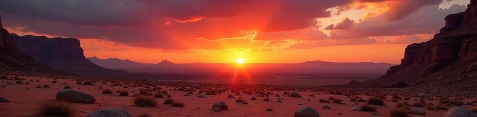 Fiery sunset over a desert landscape, evoking the passionate and impulsive nature of the Aries zodiac sign The rugged terrain symbolizes strength and resilience , ram, resilience, landscape