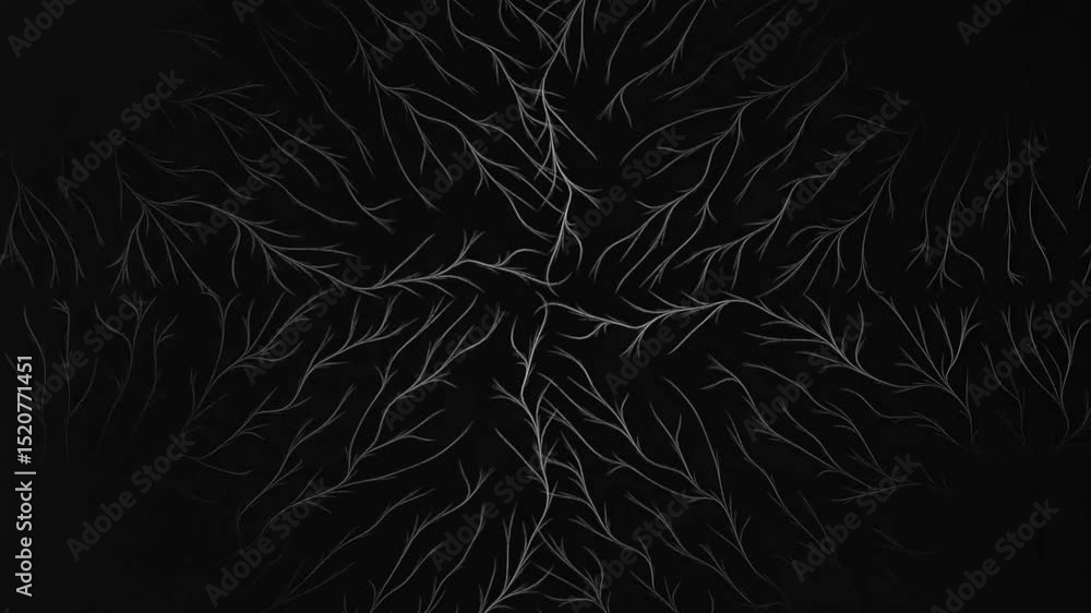 Poster glowing white neural branch pattern radiating symmetrically from dark center. abstract energy flow, 