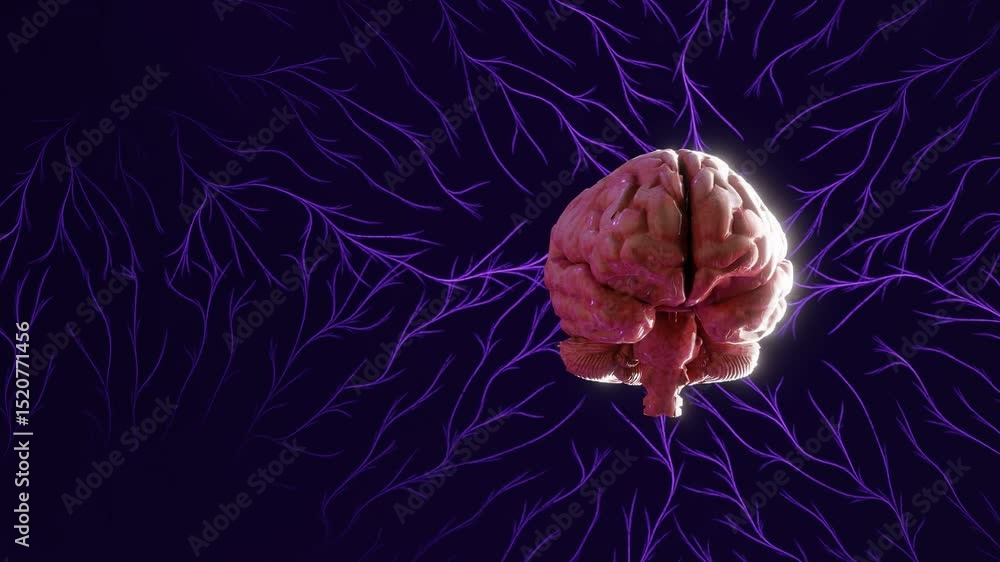 Poster human brain in center of glowing purple neural network pattern on dark background. neuroscience, art