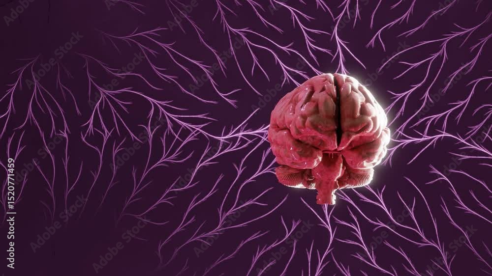 Poster human brain in center of glowing pink neural network pattern on dark background. neuroscience, artif