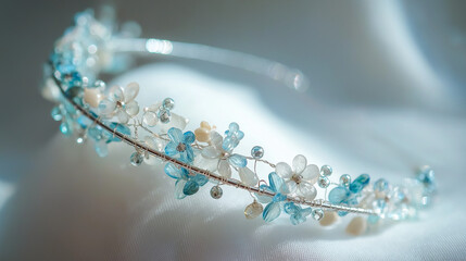Delicate White Blue Crystal Hairband: Aquamarine Beads Silver Headband with Floral Accents and Soft Fabric Design, Natural Lighting Product Photography