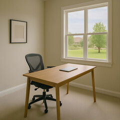 Fototapeta premium A serene home office with a wooden desk, ergonomic chair, and a laptop, set against a backdrop of a lush green view through a large window.