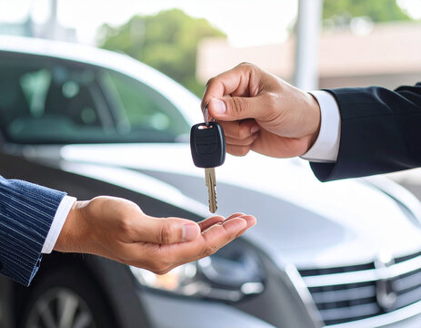 una mano de vendedor de coches en un concesionario entregando la llave de un veh&iacute;culo nuevo vendido a un cliente s&iacute;mbolo de confianza, satisfacci&oacute;n y estreno de un veh&iacute;culo nuevo en perfecto estado