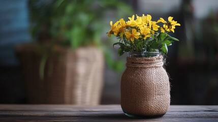 Make a pretty vase for your home by reusing a glass bottle. Use scissors and burlap for a rustic, handmade look. A simple DIY project for recycling!
