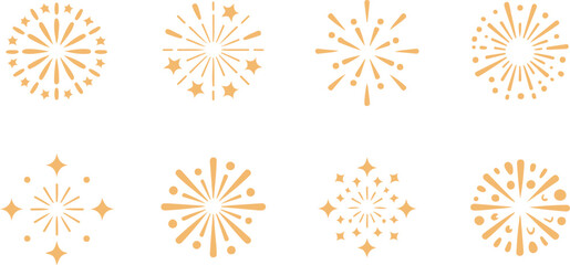 Set of Golden Fireworks and Starburst Celebration Elements
