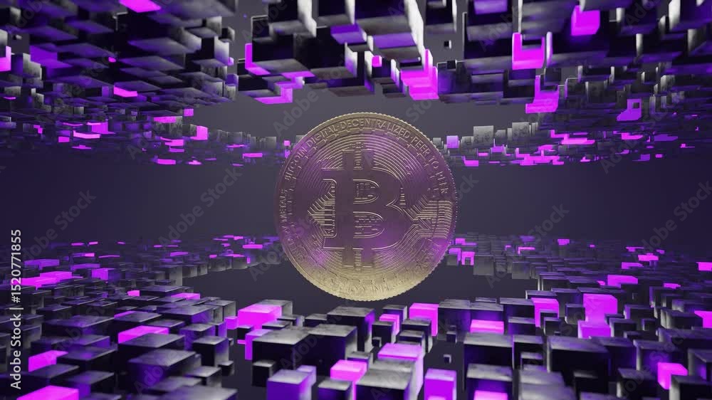 Poster bitcoin coin floating inside abstract tunnel of black and purple cubic blocks. 3d digital cryptocurr